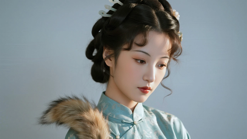 AI柔光国风古风蓬松狐尾古风卷发清雅女生侧青绿底色,桌面壁纸