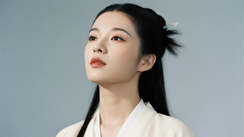 AI柔光国风古风高束垂玉马尾干净女生侧脸米白底色,桌面壁纸