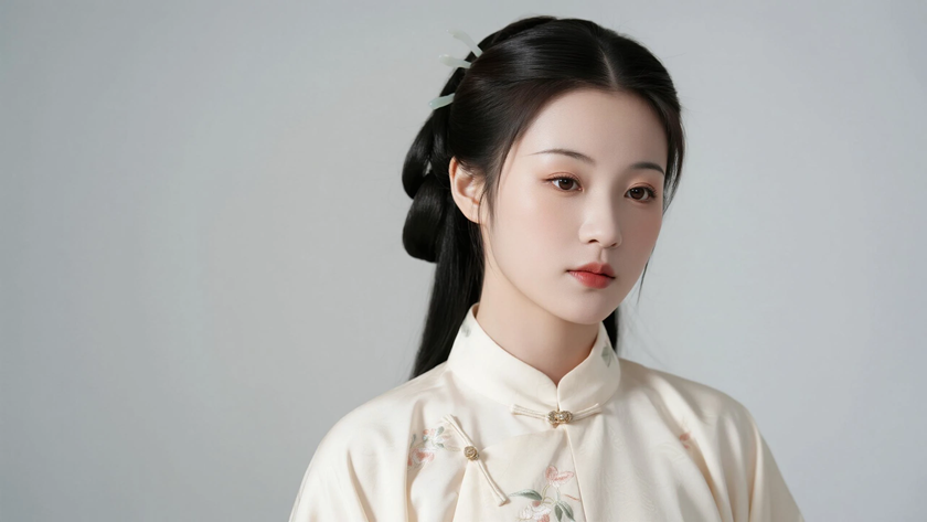 AI国风古风模特穿搭浅杏刺绣明制短袄温婉少女纯色背景，电脑壁纸
