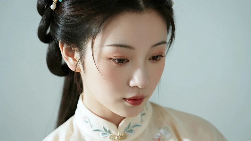AI柔光国风古风分层锁骨古风发娴静女生侧脸浅杏底色，桌面壁纸