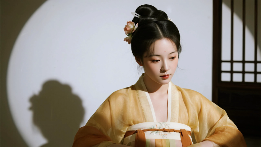 AI国风古风模特穿搭鹅黄薄纱魏晋杂裾娇俏少女纯色背景，电脑壁纸