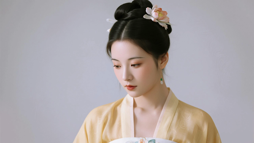 AI柔光国风古风莲花松散丸子头灵动女生侧脸鹅黄底色，桌面壁纸