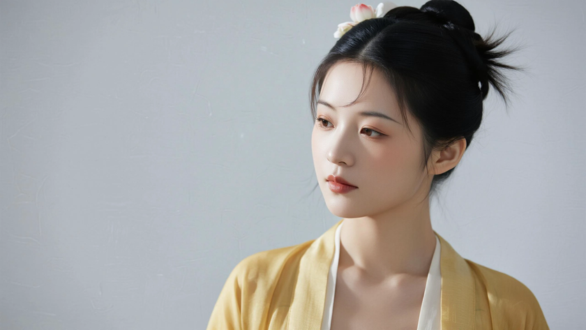 AI纯色极简国风古风鹅黄色娇俏灵动古风少女，无水印壁纸