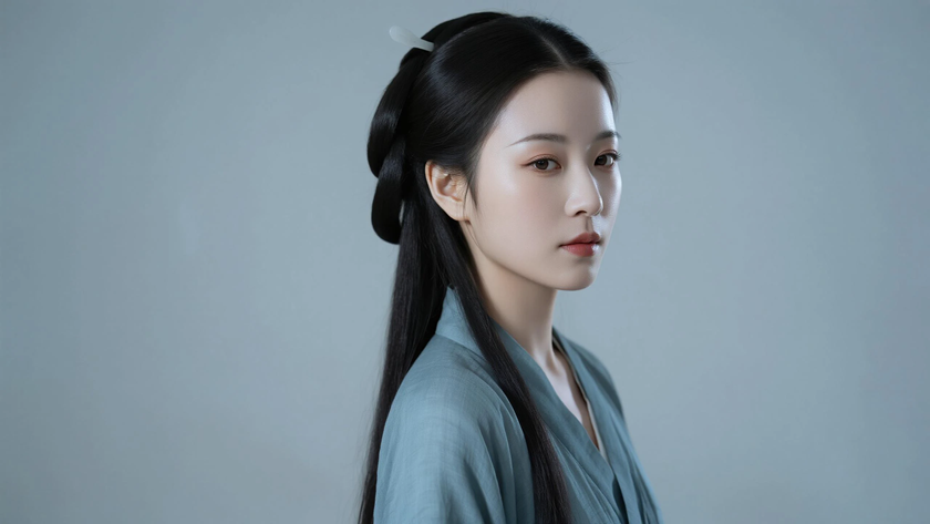 AI柔光国风古风中分顺直黑长披发素雅女生侧脸灰蓝底色,桌面壁纸