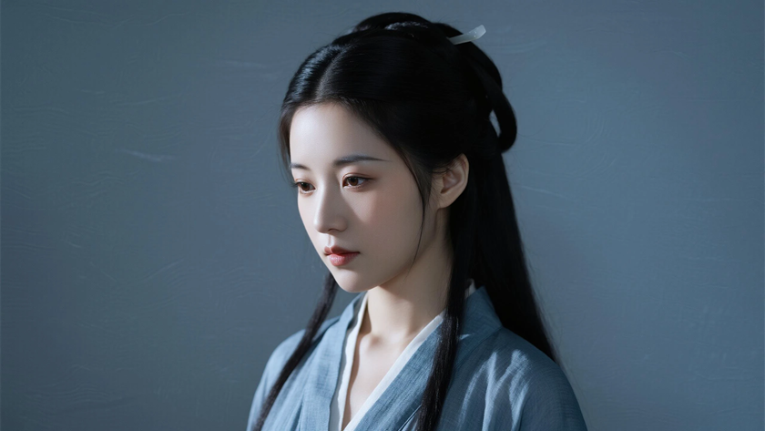 AI国风古风模特穿搭灰蓝棉麻国风长衫清冷少女纯色背景,电脑壁纸