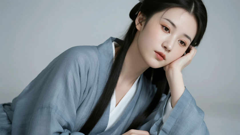 AI冷调柔光国风古风长款棉麻长衫垂坠松弛质感女生,高清壁纸
