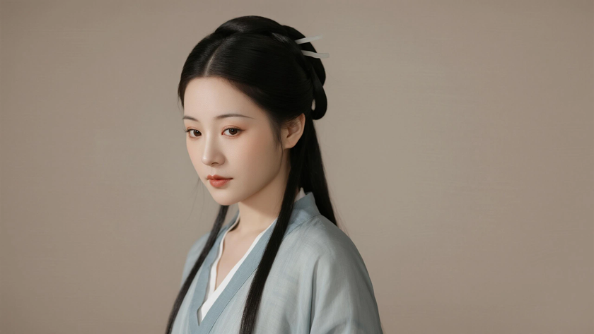 AI纯色极简国风古风灰蓝色淡然清冷古风少女,无水印壁纸