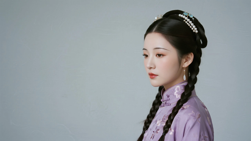 AI淡紫柔光国风古风旗袍花卉刺绣细腻缎面质感女生,高清壁纸