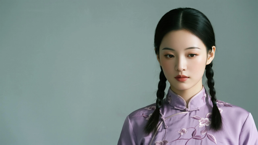 AI纯色极简国风古风藕紫色柔媚温婉古风少女,无水印壁纸