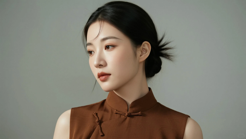 AI纯色极简国风古风棕咖色端庄简约古风少女,无水印壁纸
