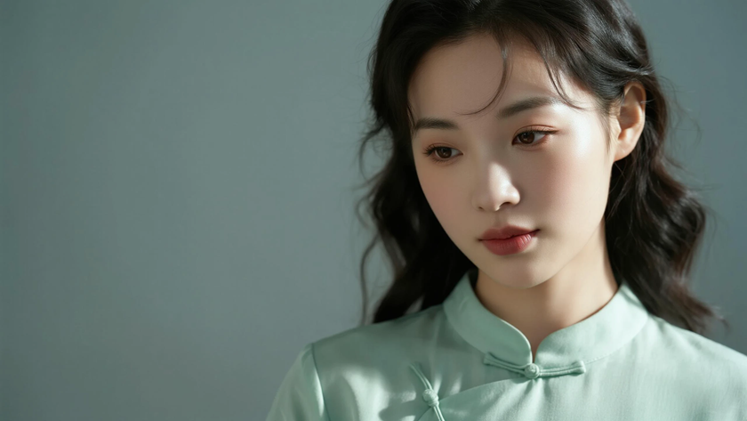 AI纯色极简国风古风浅苔绿清爽治愈古风少女,无水印壁纸