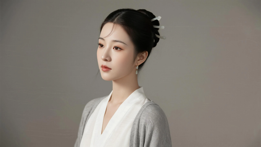 AI国风古风模特穿搭雾灰针织国风开衫娴静少女纯色背景，电脑壁纸