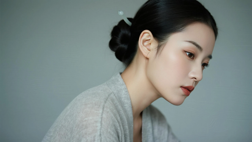 AI纯色极简国风古风雾灰色娴静柔和古风少女，无水印壁纸