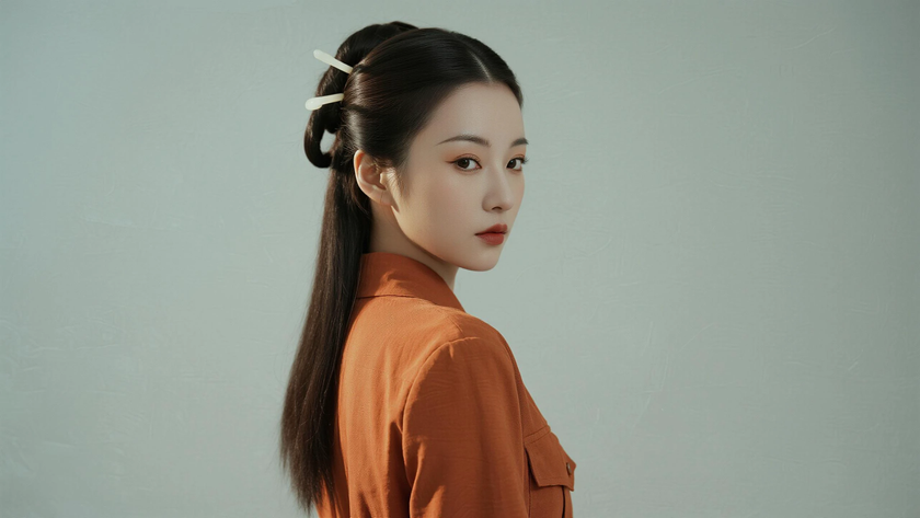 AI国风古风模特穿搭砖橘宽松工装短衫随性少女纯色背景,电脑壁纸