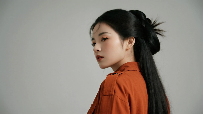 AI暖橙柔光国风古风工装短衫宽松挺括休闲质感女生,高清壁纸