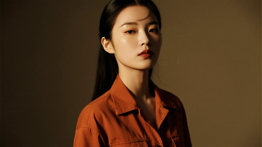 AI纯色极简国风古风砖橘色随性文艺古风少女,无水印壁纸