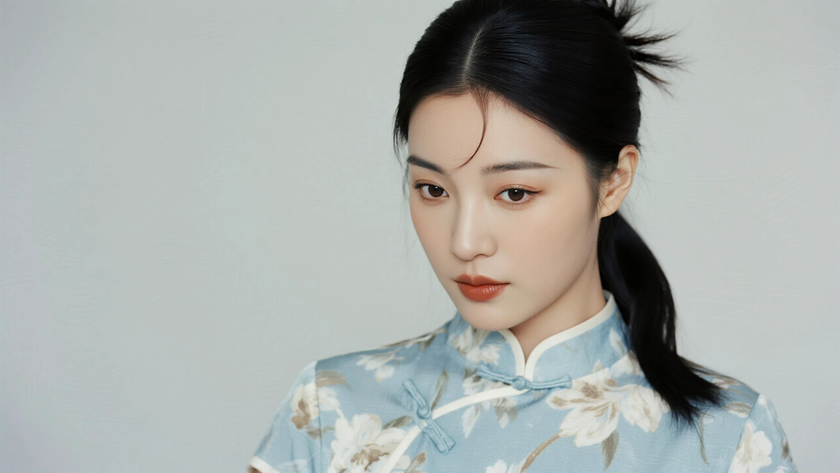 AI柔光国风古风高颅顶低束柔顺马尾清雅女生侧湖蓝底色,桌面壁纸