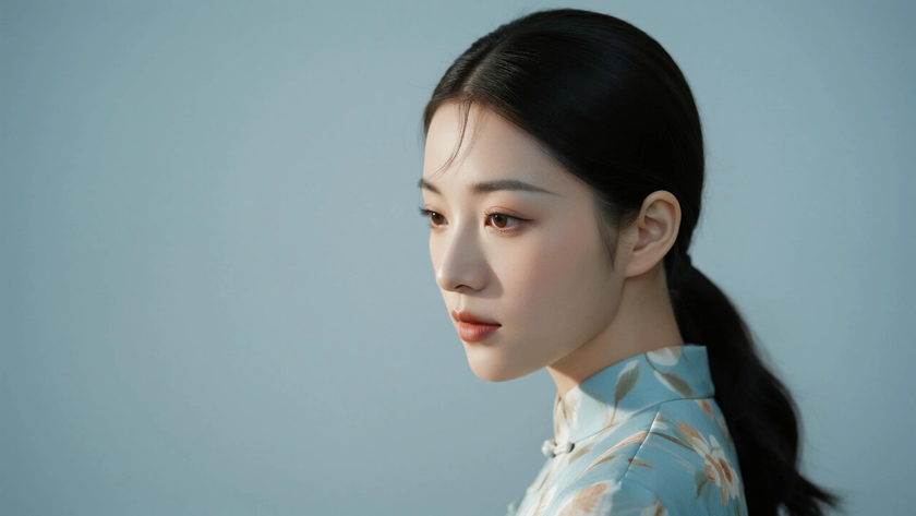 AI纯色极简国风古风浅湖蓝温润恬静古风少女,无水印壁纸