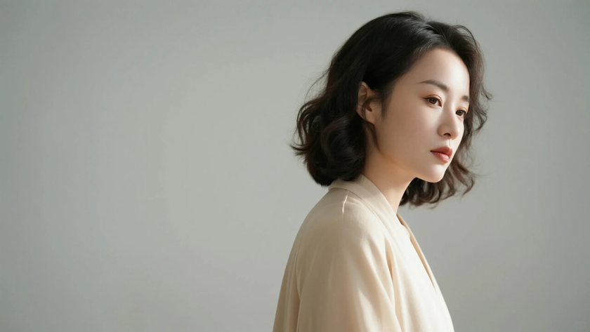 AI柔光国风古风慵懒及肩羊毛小卷发温柔女生侧脸燕麦底色,桌面壁纸