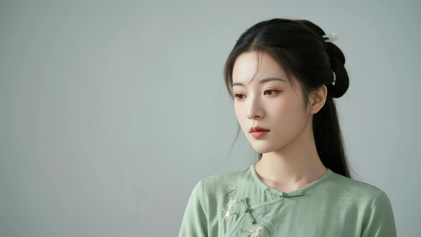 AI柔光国风古风齐耳直顺短发清冷女生侧脸豆绿底色,桌面壁纸