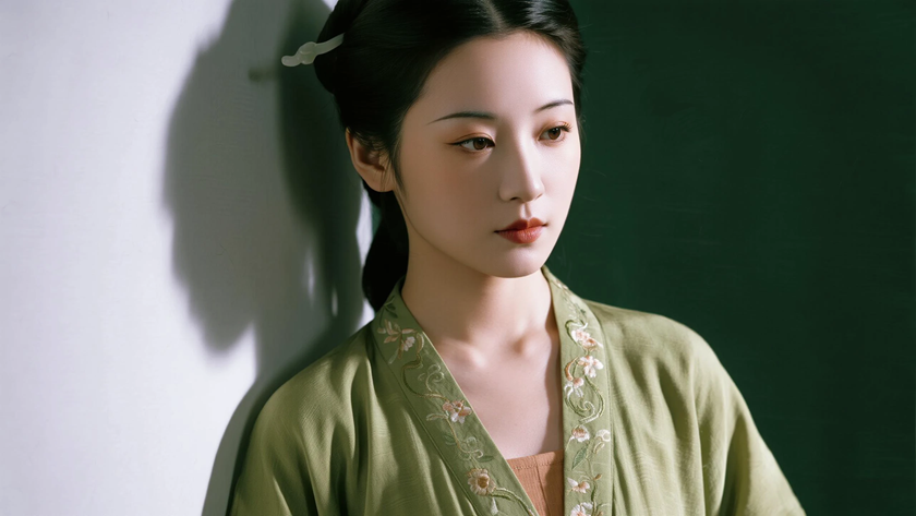 AI国风古风模特穿搭豆绿刺绣针织长裙素雅少女纯色背景,电脑壁纸