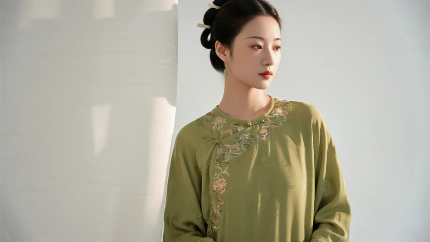 AI浅绿柔光国风古风圆领针织软糯刺绣质感女生,高清壁纸