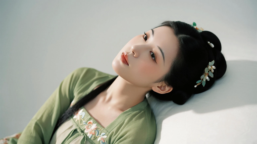 AI纯色极简国风古风豆绿色素雅安然古风少女,无水印壁纸