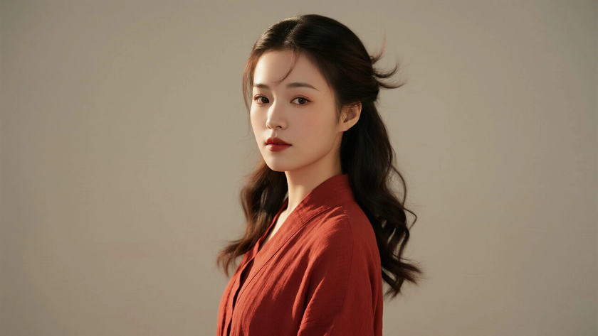 AI纯色极简国风古风枣红色温婉文艺古风少女,无水印壁纸
