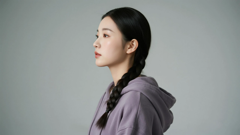 AI国风古风模特穿搭灰紫国风卫衣两件套闲适少女纯色背景，电脑壁纸