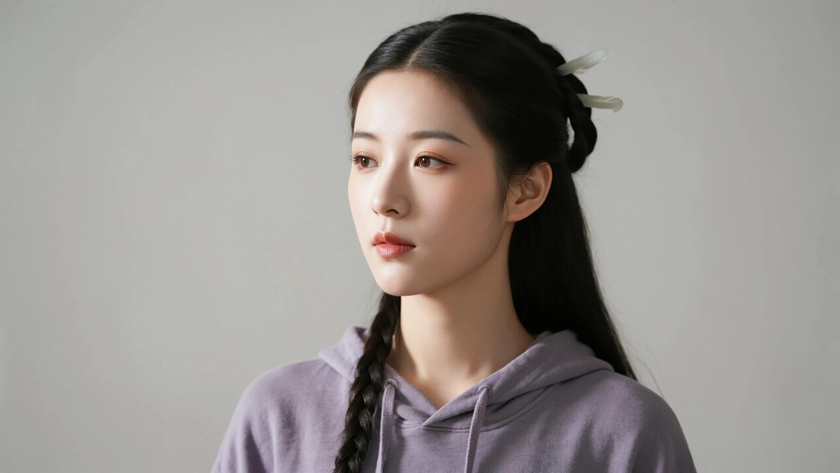 AI纯色极简国风古风灰紫色闲适柔和古风少女，无水印壁纸