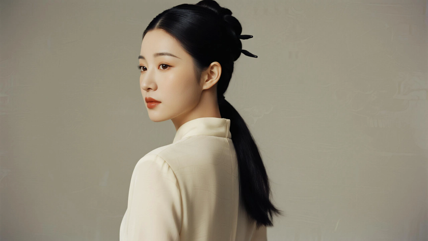 AI国风古风模特穿搭浅杏翻领收腰改良长裙雅致少女纯色背景，电脑壁纸