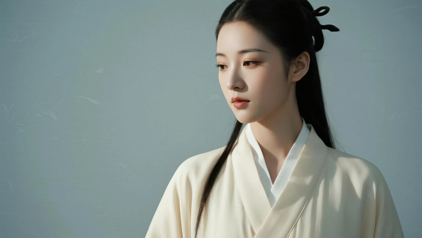 AI浅暖柔光国风古风翻领收腰裙身垂顺质感女生，高清壁纸