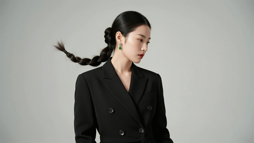 AI氛围感职场美女侧边玉饰盘发侧脸深色极简桌面壁纸