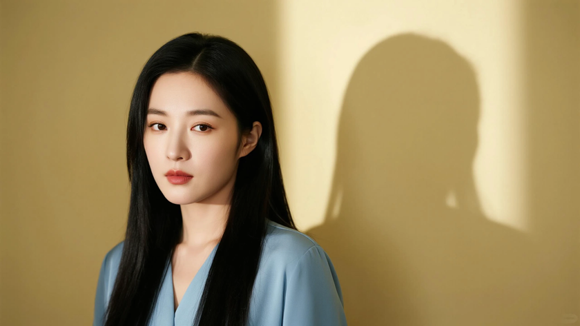AI氛围感职场美女中分黑长直发侧脸浅蓝极简桌面壁纸