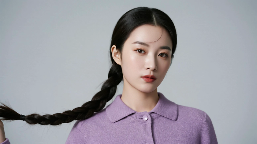 AI氛围感职场女生单侧麻花长辫侧脸藕紫浅底桌面壁纸
