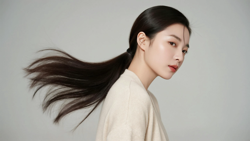 AI柔和氛围感低束垂腰马尾白领女生杏色桌面壁纸