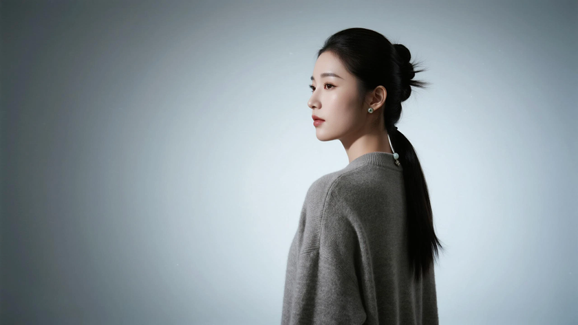 AI侧边玉扣花苞低挽长发娴静白领女生雾灰桌面壁纸