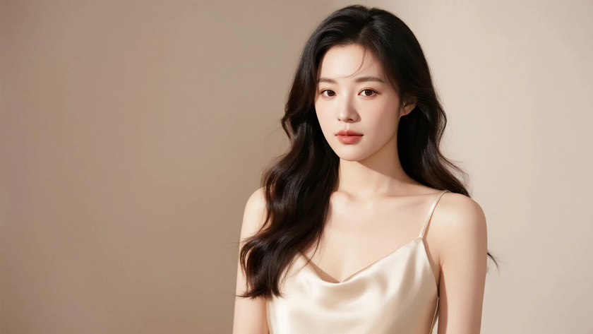 AI氛围感模特气质侧分大波浪柔美女生侧脸浅金底色，桌面壁纸