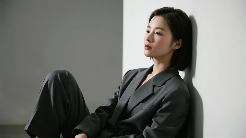 AI氛围感模特气质中分锁骨短发清冷女生侧脸炭灰底色,桌面壁纸