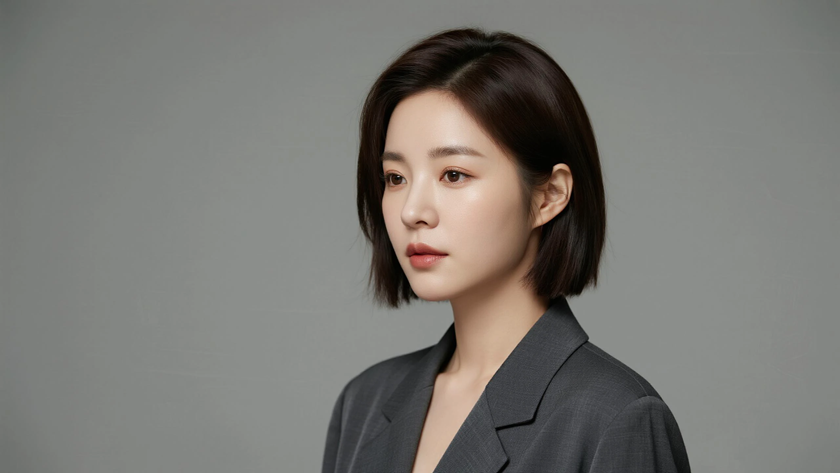 AI模特气质穿搭炭灰垂感西装干练女生正面纯色背景,电脑壁纸