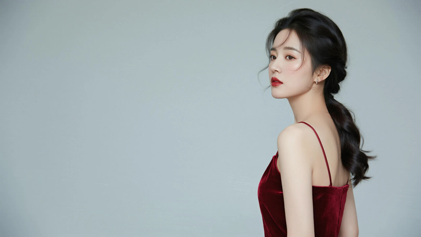 AI模特气质穿搭酒红丝绒吊带裙柔媚女生正面纯色背景,电脑壁纸