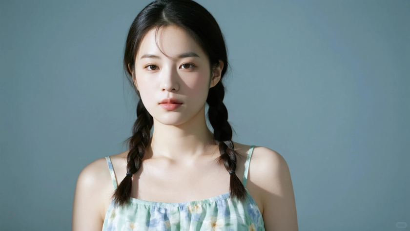 AI模特气质穿搭浅青碎花吊带裙清新女生正面纯色背景,电脑壁纸