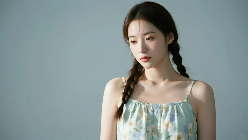 AI纯色极简模特气质浅青清爽柔和少女,无水印壁纸