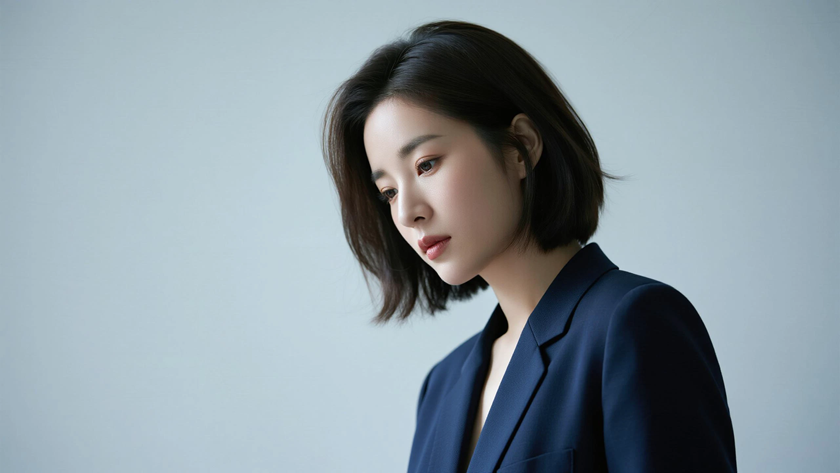 AI模特气质穿搭藏蓝长款西装大气女生正面纯色背景,电脑壁纸