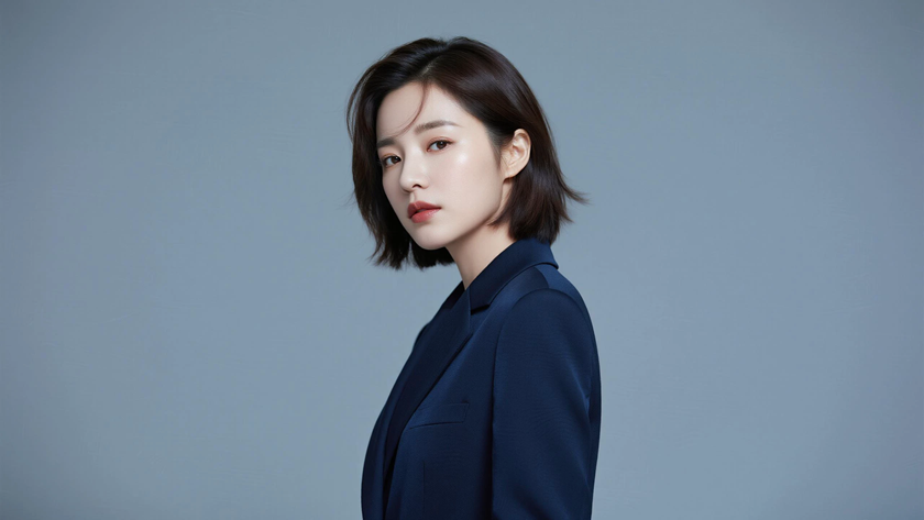 AI氛围感模特气质层次短发清冷职场女生侧脸藏蓝底色,桌面壁纸