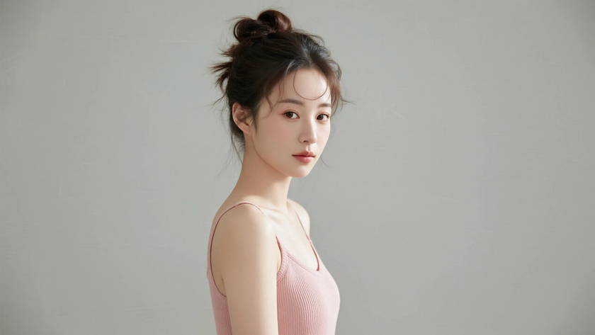 AI模特气质穿搭藕粉针织吊带裙温婉女生正面纯色背景,电脑壁纸