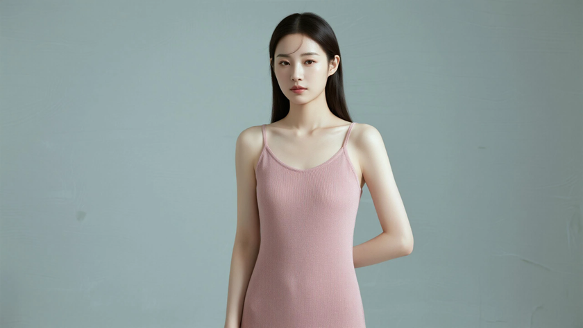 AI纯色极简模特气质藕粉浅底温柔少女,无水印壁纸