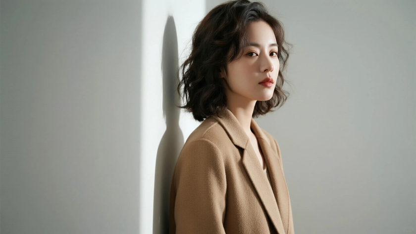 AI模特气质穿搭浅咖廓形西装慵懒女生正面纯色背景,电脑壁纸