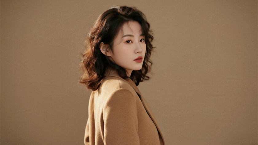 AI氛围感模特气质羊毛小卷温柔女生侧脸浅咖底色,桌面壁纸