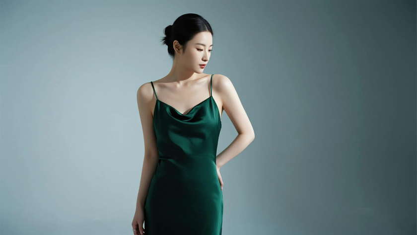 AI模特气质穿搭墨绿缎面吊带裙典雅女生正面纯色背景,电脑壁纸
